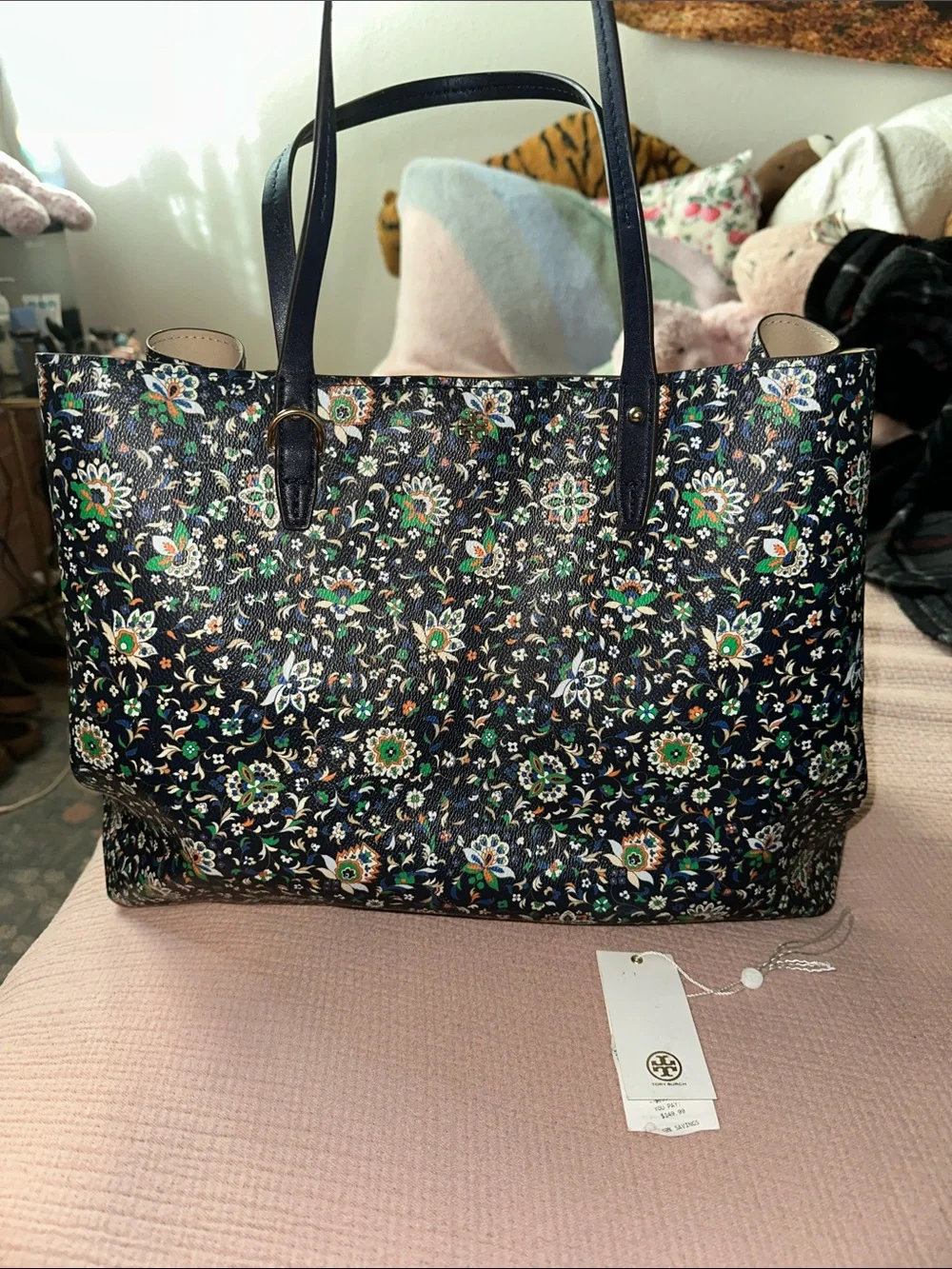 Tory Burch Floral Navy, Green, White Tote